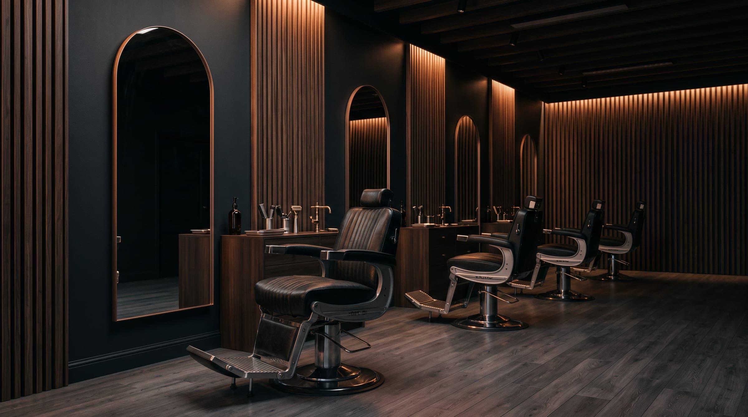 Der Salon von Ayaz Barbershop: Barberstuhl, Bogenspiegel und warm beleuchtete Holzverkleidung